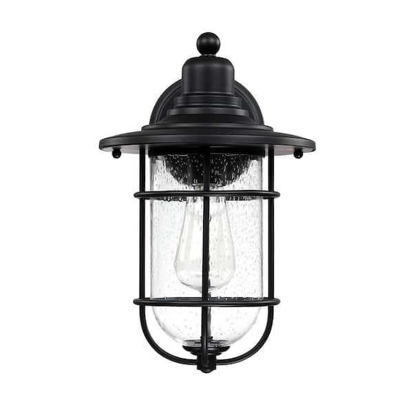 Hukoro Martin 1-Light Black Outdoor Wall Lantern Sconce with Seed Glass Shade