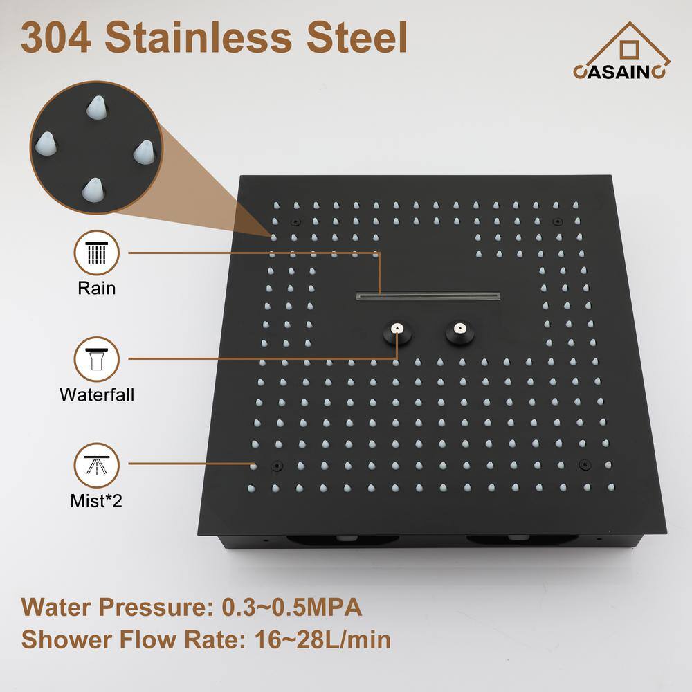 Matte Black 16-Inch Dual Square Ceiling Mounted Rain Shower System