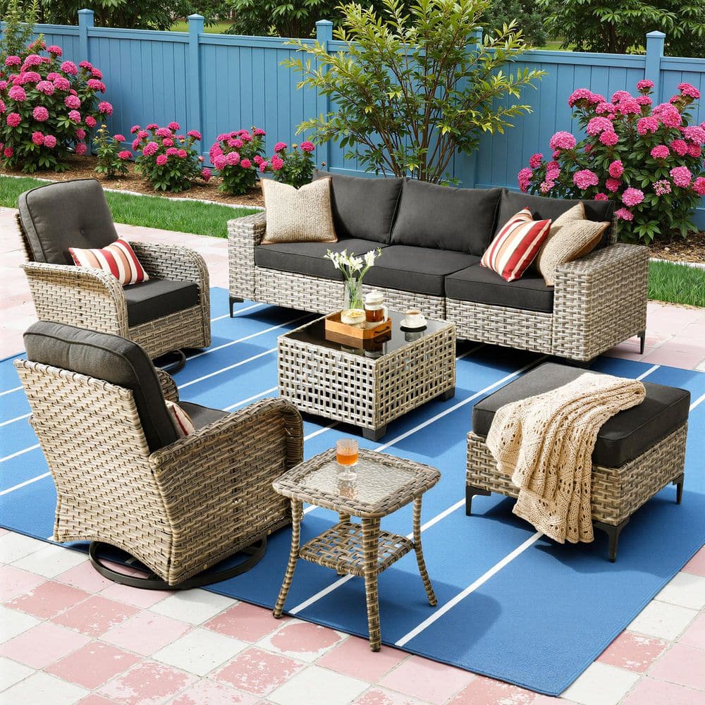 8-Piece Patio Furniture Set All-Weather Sofa Set Gray Wicker Patio Conversation Set w Swivel Chair & Black Cushion price history on PriceWatchPro