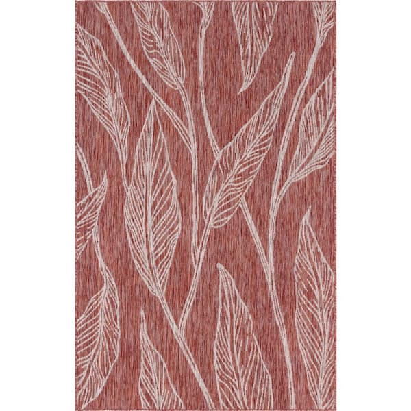 Unique Loom Outdoor Leaf Rust Red 9 ft. x 12 ft. Area Rug