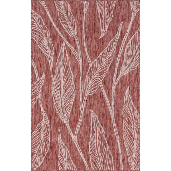 Unique Loom Outdoor Leaf Rust Red 4 ft. x 6 ft. Area Rug