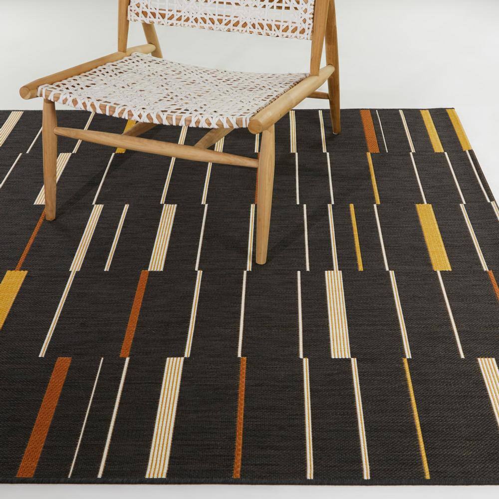Charcoal and Mustard Striped Synthetic Rectangular Rug