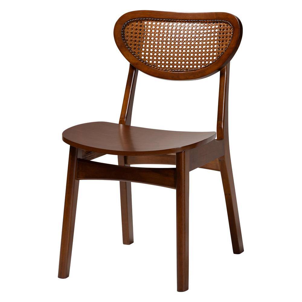 Mid-Century Walnut Brown Wood and Woven Rattan Dining Set