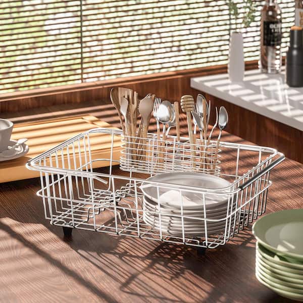 Silver Finish Stainless Steel Utensil Holder Kitchen Organizer with Hooks and Drainage Compartments for Dish Rack