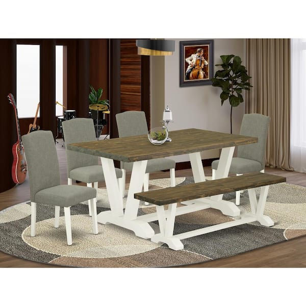 East West Furniture 6-Piece Rectangle Distressed Jacobean Finish Solid Wood Top Dining Table with 1-Bench, 4-Chairs with Lattice Back