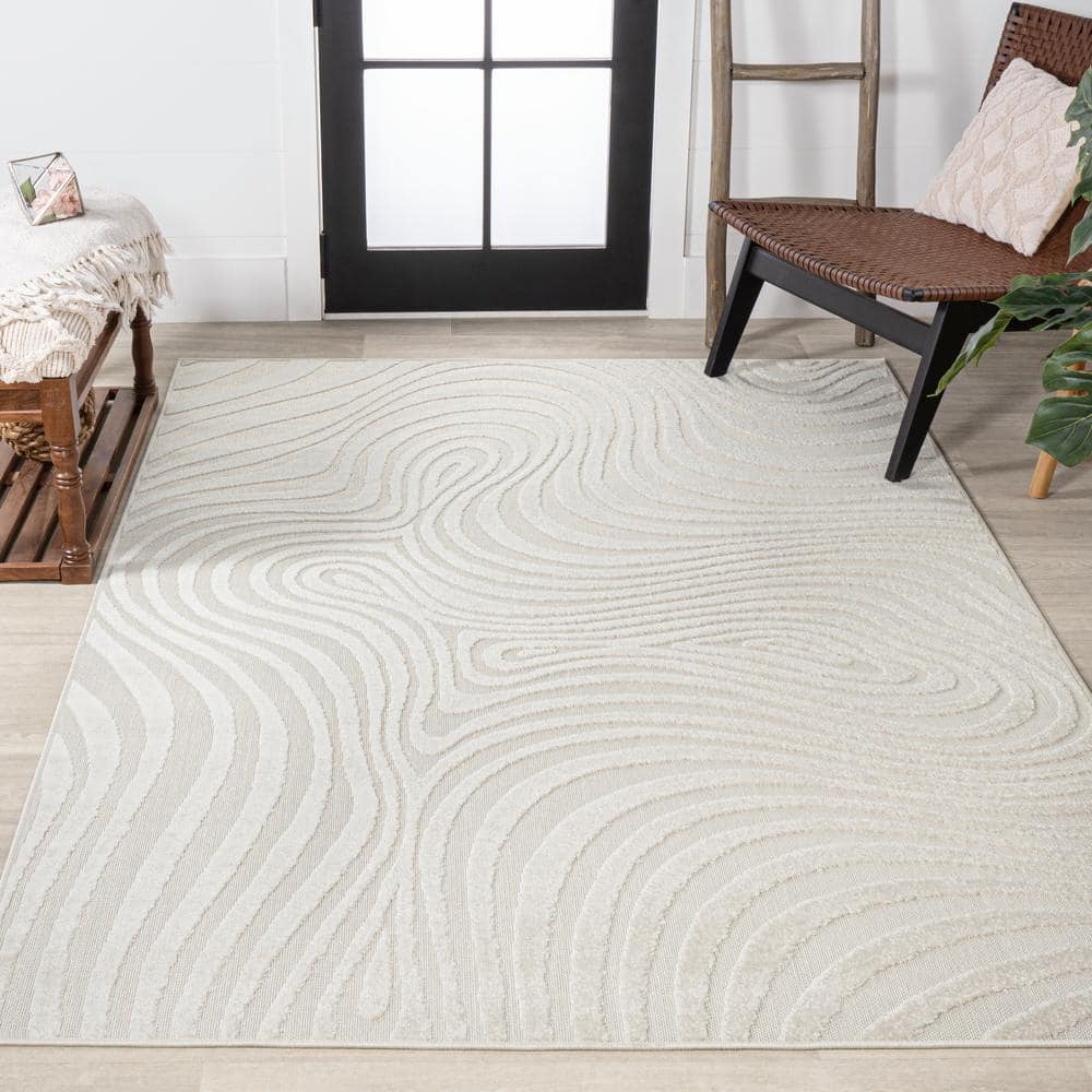Ivory and Cream High-Low Striped 8' x 10' Synthetic Area Rug