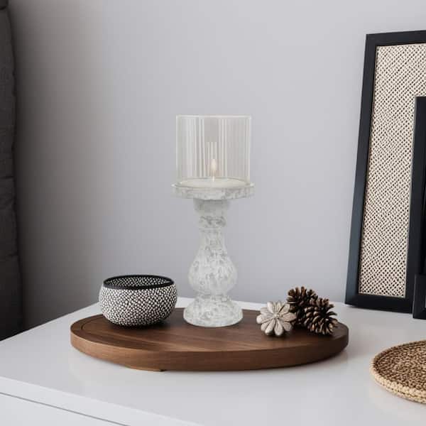 Kris White and Gray Ceramic and Glass Candle Holder with Hurricane Glass Top
