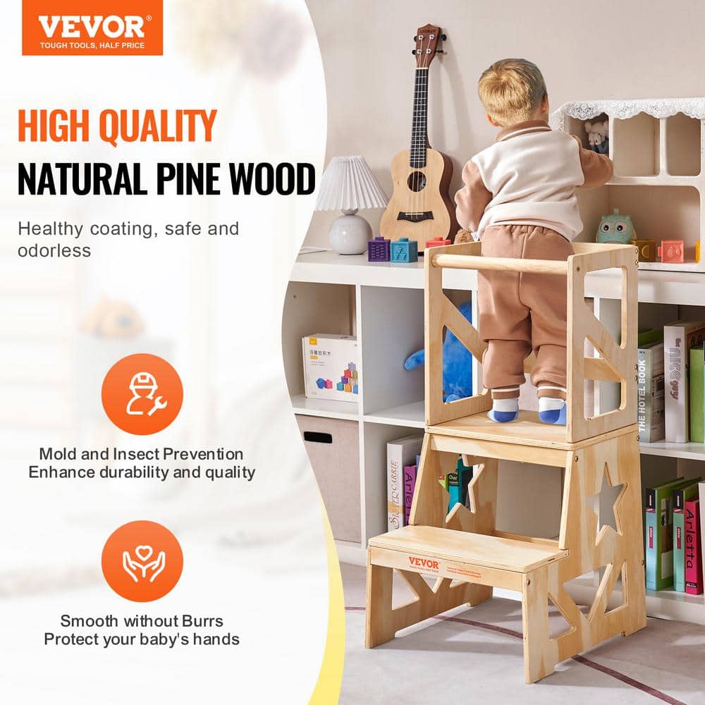 Natural Pine Wood Toddler Step Stool with Safety Rail