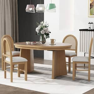 Retro 5-Piece Oval Natural Wood Wash Wood Top Extendable Dining Table with 4 Rattan Backrests and Upholstered Chairs