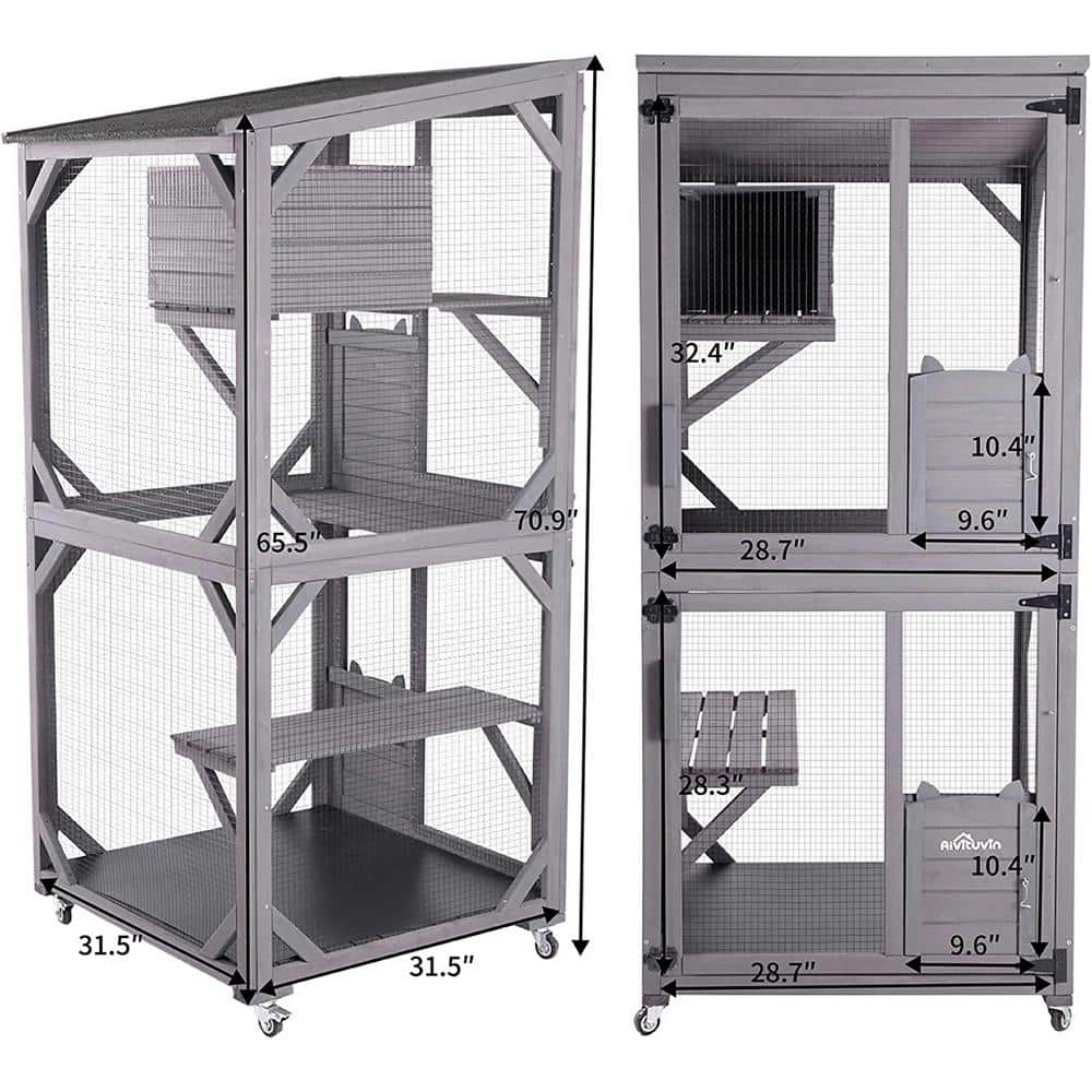 Gray Wooden Freestanding Outdoor Cat House with Platforms