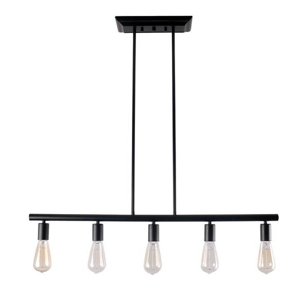 YANSUN 5-Light Matte Black Industrial Linear Island Pendant Light for Living Room Dining Room Bar