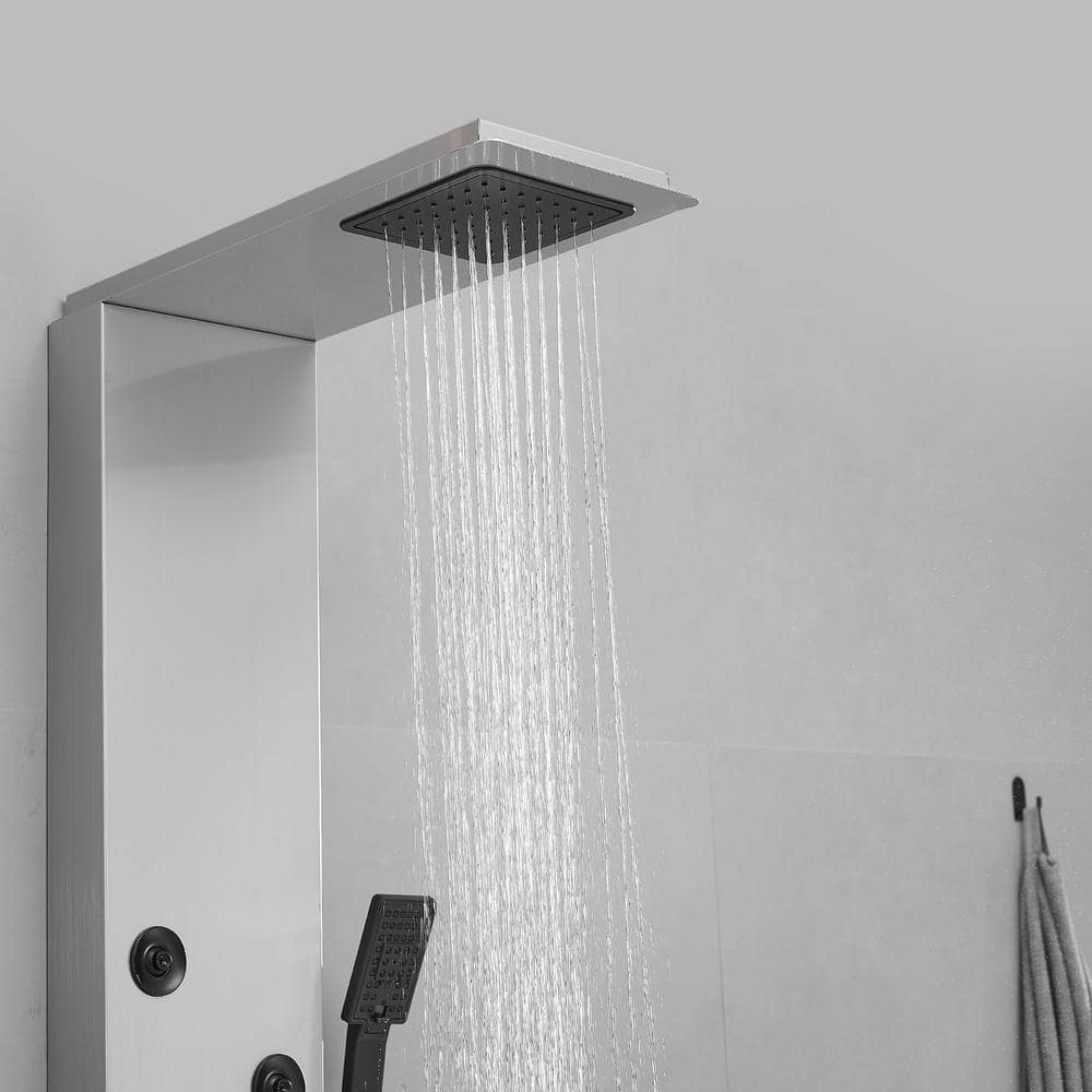Brushed Nickel 4-Jet Rainfall Shower Panel System with Handheld Wand