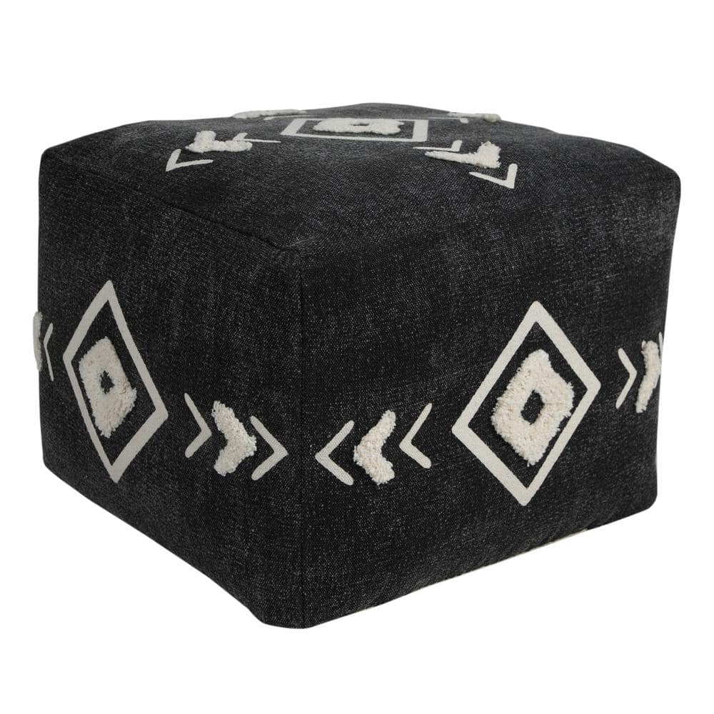 Textured Black / White 18 in. x 18 in. x 14 in. Diamond Medallion Pouf Otto