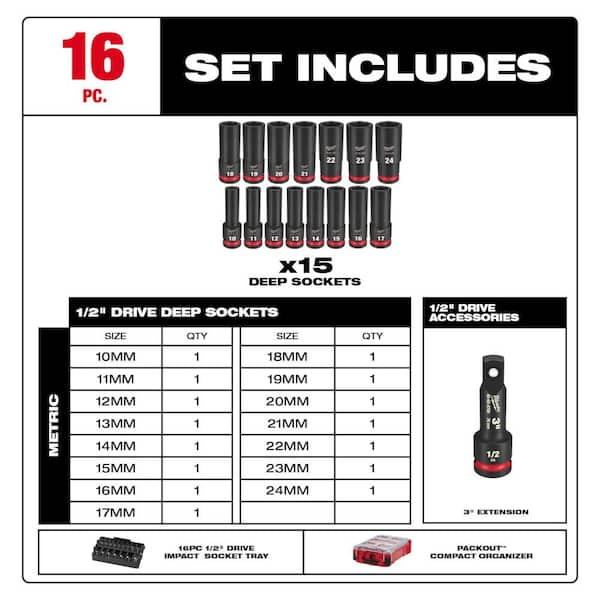 SHOCKWAVE Impact-Duty 1/2 in. Drive Metric Deep Well Impact PACKOUT Socket  Set (16-Piece)