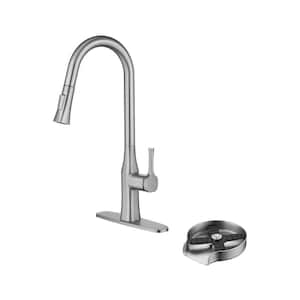 Single Handle Pull Down Sprayer Kitchen Faucet with Deckplate Included and Glass Rinser in Brushed Nickel
