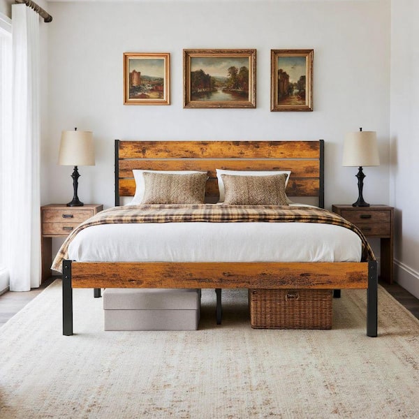 Rust Brown Wood Frame Full Size Platform Bed Frame with Headboard and and Footboard, 700LBS Support