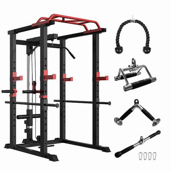 Multi-functional Power Cage, Home Adjustable Pullup Squat Rack 1000 lbs. Capacity, Red