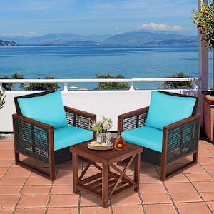 Brown 3-Piece Wicker Square 19 in. Outdoor Bistro Set Acacia Wood Frame Sofa and Side Table with Turquoise Cushions