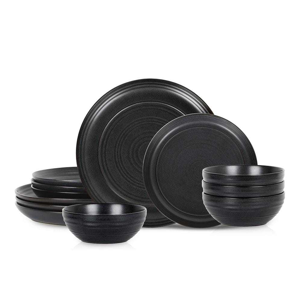 STONE LAIN Elio 12-Piece Black Stoneware Dinnerware Set (Service for 4)