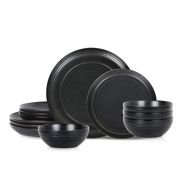 STONE LAIN Elio 12-Piece Black Stoneware Dinnerware Set (Service for 4)