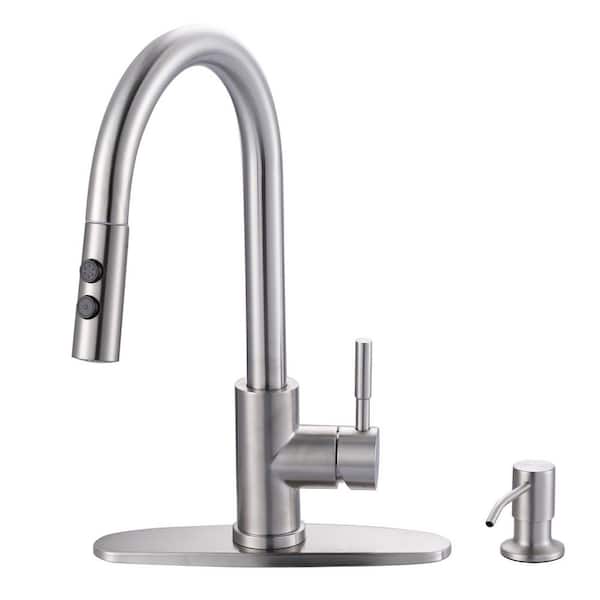 16 in. H Single Handle Pull Down Sprayer Kitchen Faucet with 3 Spray Modes and Soap Dispenser in Brushed Nickel