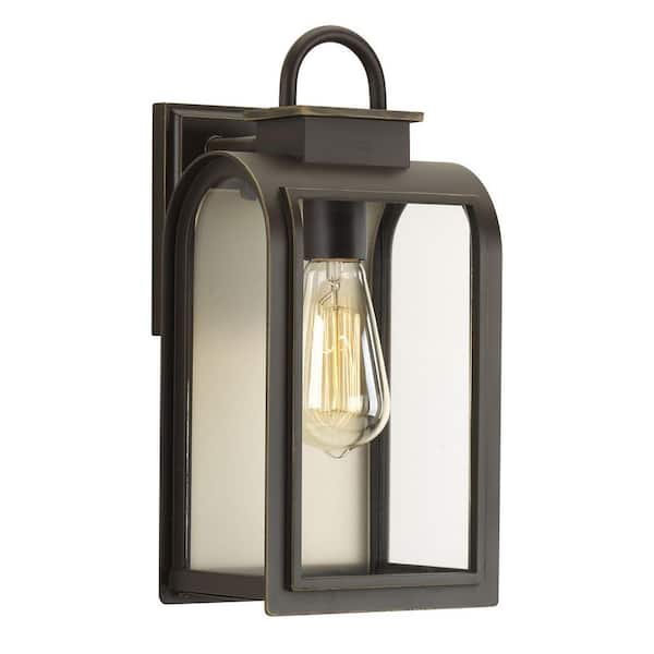 Refuge Collection 1-Light Oil Rubbed Bronze Clear/Etched Umber Glass Farmhouse Outdoor Small Wall Lantern Light