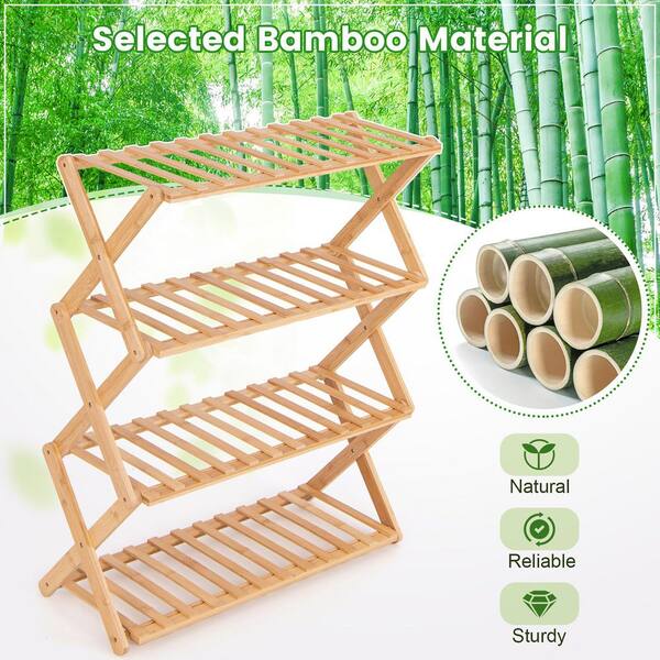Gymax 4-Tier Foldable Natural 32 in. H Bamboo Shoe Rack Multi