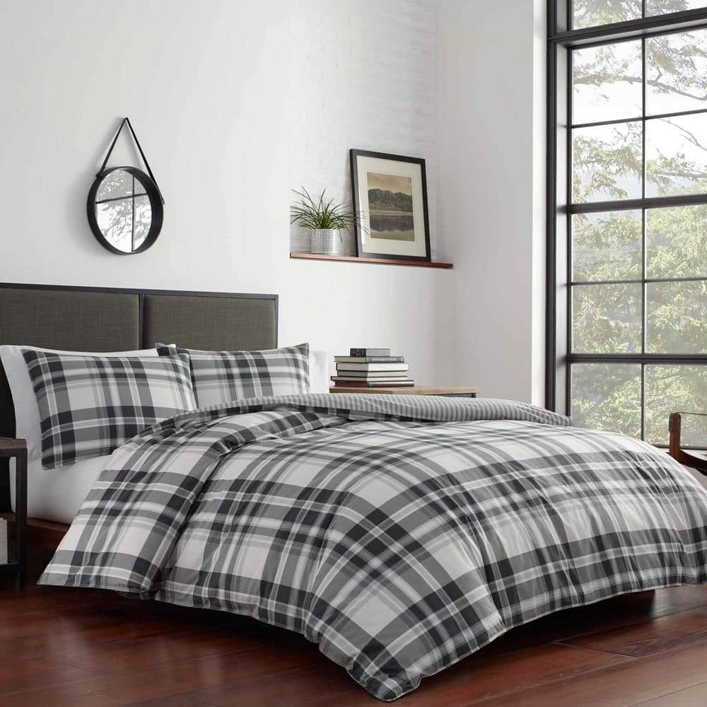Full White Cotton Reversible Plaid Comforter Set