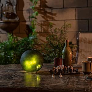 7 in. Dia Indoor/Outdoor Glass Gazing Globe Yard Decoration with LED Lights, Green