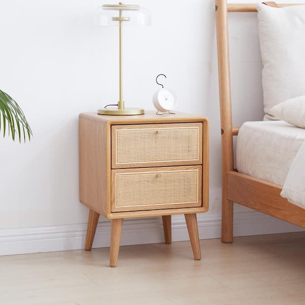 Harper & Bright Designs 2-Drawer 15.75 in. W Oak 100% Solid Wood Nightstand with Rattan-Woven Surfaces