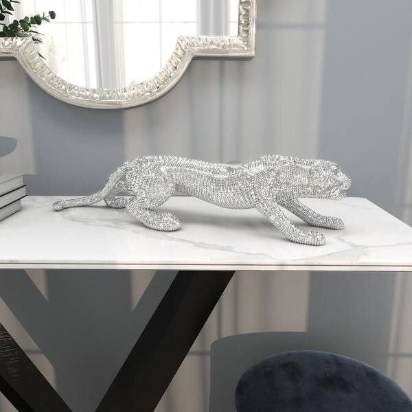 Litton Lane 5 in. x 6 in. Silver Polystone Bejeweled Leopard Sculpture