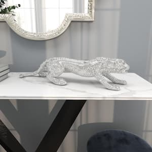 5 in. x 6 in. Silver Polystone Bejeweled Leopard Sculpture