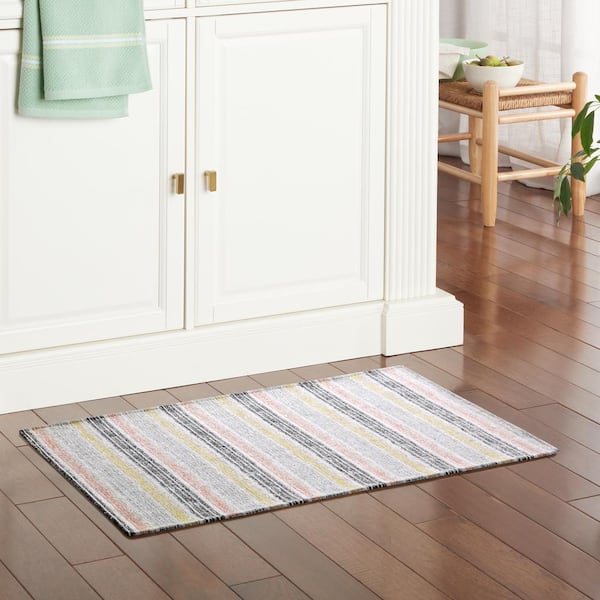 Stella Ticking Stripe Gray/Yellow 20 in. x 36 in. Slip-Resistant Kitchen Mat