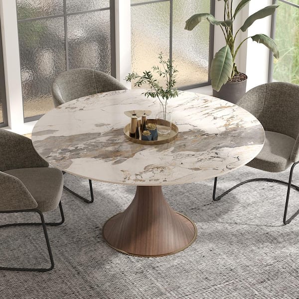 Lesly Modern Round Pandora Colour Pandora Stone Table Top for Kitchen 53.15 in.Black Woodgrain Pedestal Dining Table (4 Seats)