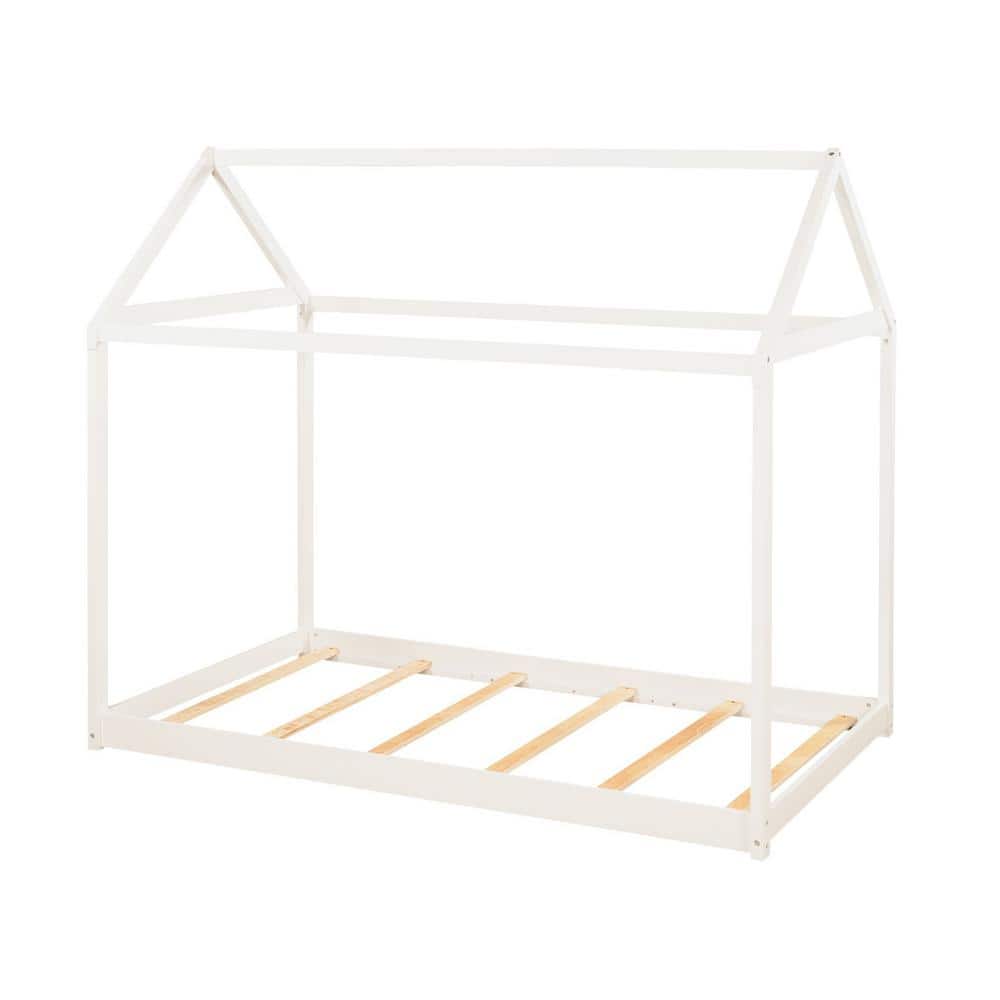 URTR White Twin Size House Bed Wood Bed, House Shape Floor Bed Frame, for Boys Girls No Spring