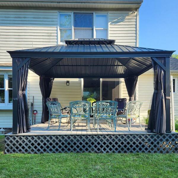 12 ft. x 14 ft. Outdoor Gray Aluminum Frame Galvanized Steel Hardtop Gazebo with Curtains and Netting