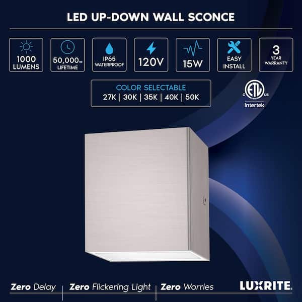 4.72 in. Brushed Nickel Outdoor LED Up Down Wall Sconce Light 5CCT 2700K-5000K 15-Watt ETL IP65 Waterproof