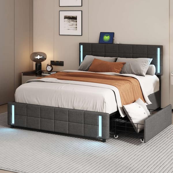 URTR Dark Gray Wood Frame Queen Size Upholstered Platform Bed with LED Lights and USB Charging, Storage Bed with 4 Drawers