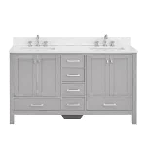 GlamourAura 60 in. W x 22 in. D x 39.25 in. H Double Sink Bath Vanity in Gray with White Engineered Stone Top