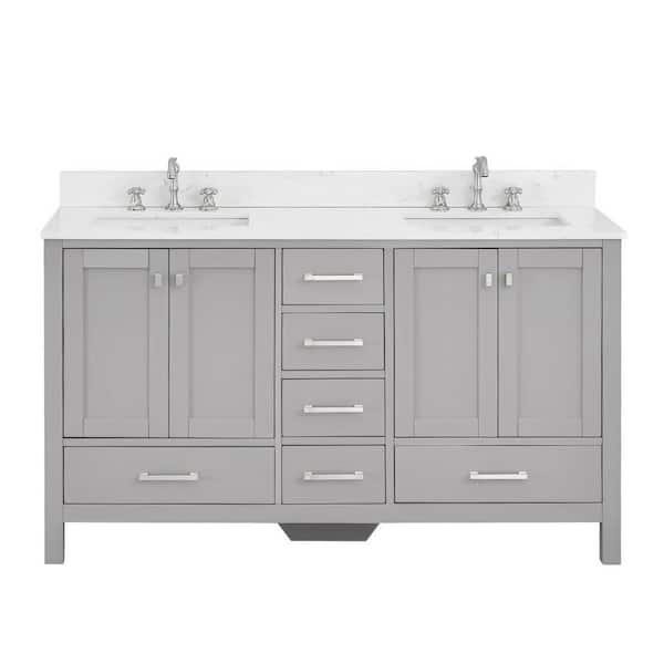 GlamourAura 60 in. W x 22 in. D x 39.25 in. H Double Sink Bath Vanity in Gray with White Engineered Stone Top