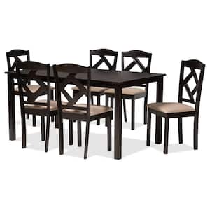 Ruth 7-Piece Wood Top Sand and Dark Brown Dining Set