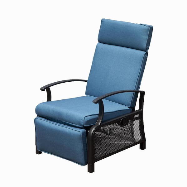 Adjustable Patio Recliner Chair Metal Outdoor Lounge Chair with Navy Blue Cushions