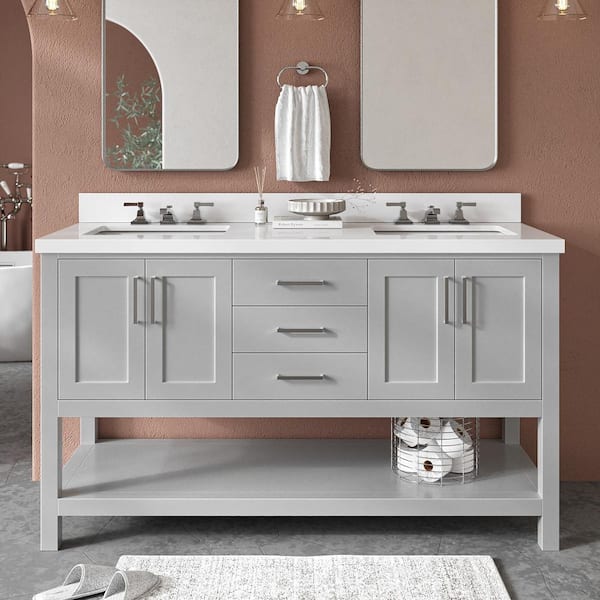 ARIEL Magnolia 61 in. W x 22 in. D x 36 in. H Bath Vanity in Grey with Pure Quartz Vanity Top in White with White Basins
