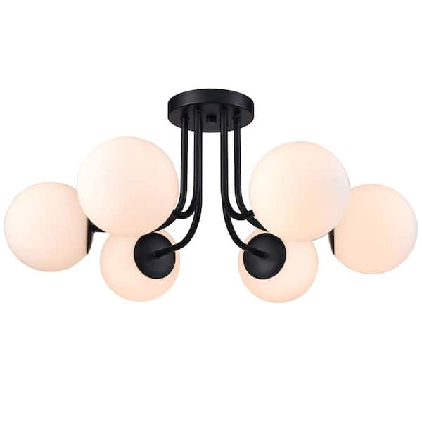CLAXY 27.56 in. 6-Light Black Modern Semi-Flush Mount with Frosted Glass Shade and No Bulbs Included 1-Pack
