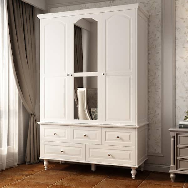 FUFU&GAGA White Paint Big Wardrobe Armoires W/Mirror, Hanging Rod, Drawers, Adjustable Shelves 70.9 in. H x 47.2 in. W x 20 in. D