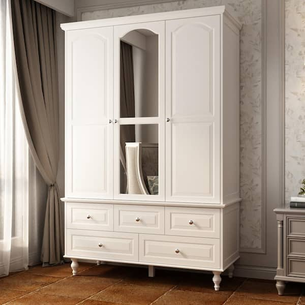 White Paint Big Wardrobe Armoires W/Mirror, Hanging Rod, Drawers, Adjustable Shelves 70.9 in. H x 47.2 in. W x 20 in. D