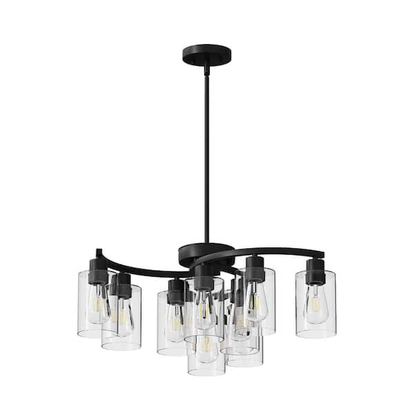 Modern 9-Light Black Chandelier, Adjustable Height Farmhouse Dining Room, Kitchen Island Pendant, No Bulbs