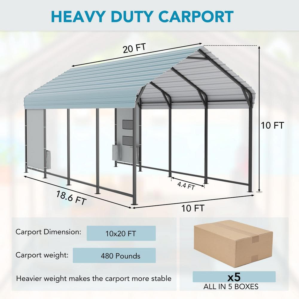 Gray 10' x 20' Heavy Duty Metal Carport with Peak Roof