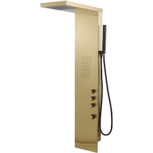 Dual 3-in-One 1-Jet Shower Panel Tower System With Rainfall Waterfall Shower Head,and Massage Body Jets in Brushed Gold