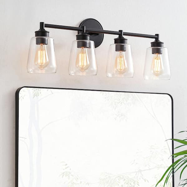 KAWOTI 30 in. 4-Light Black Bathroom Vanity Light with Clear Glass Shades